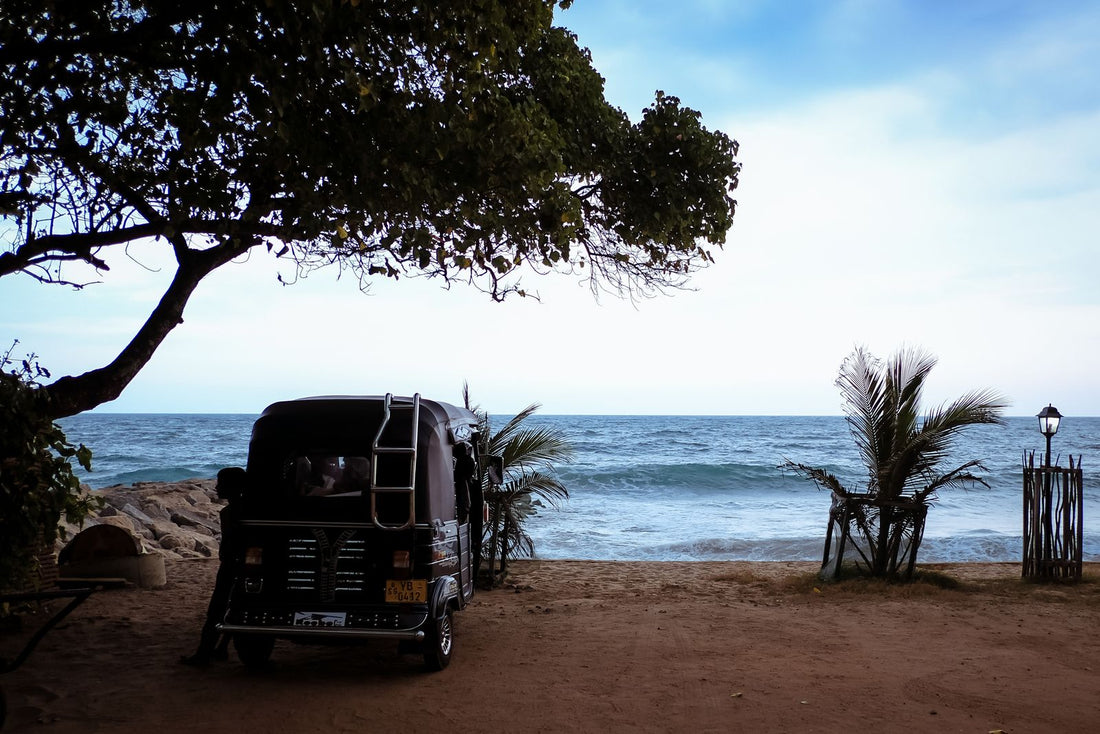 Tuk-tuk parked on a beach in Sri Lanka under a leafy tree