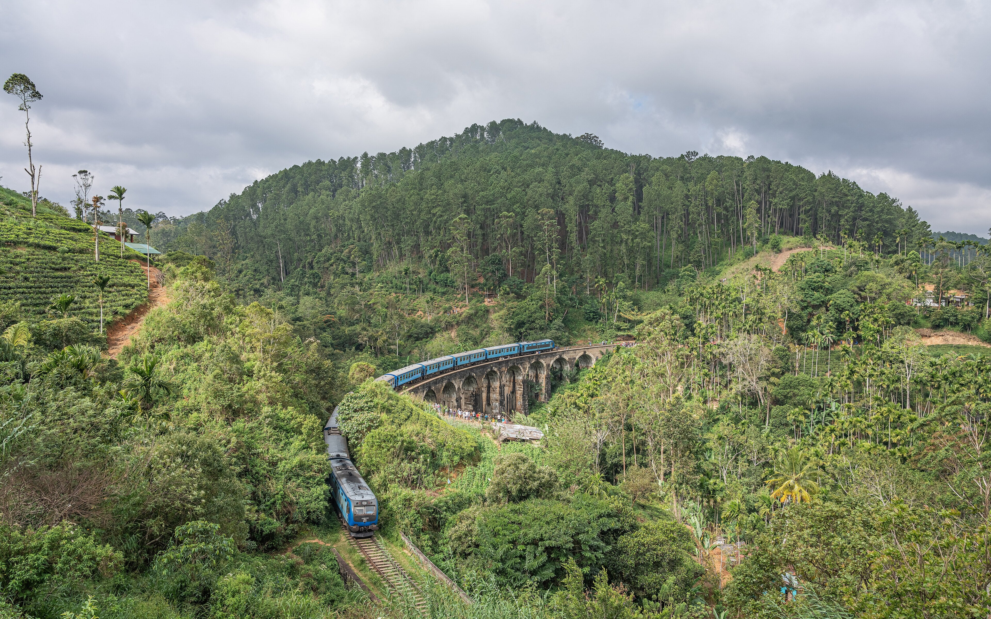 Blue train crossing the Nine Arch Bridge near Ella, Sri Lanka (photo: A.Savin, Free Art License, Wikimedia Commons)