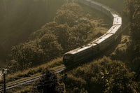 Train winding through the misty hills of Bandarawela, Sri Lanka