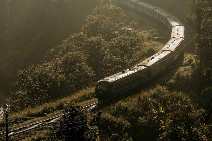 Train winding through the misty hills of Bandarawela, Sri Lanka