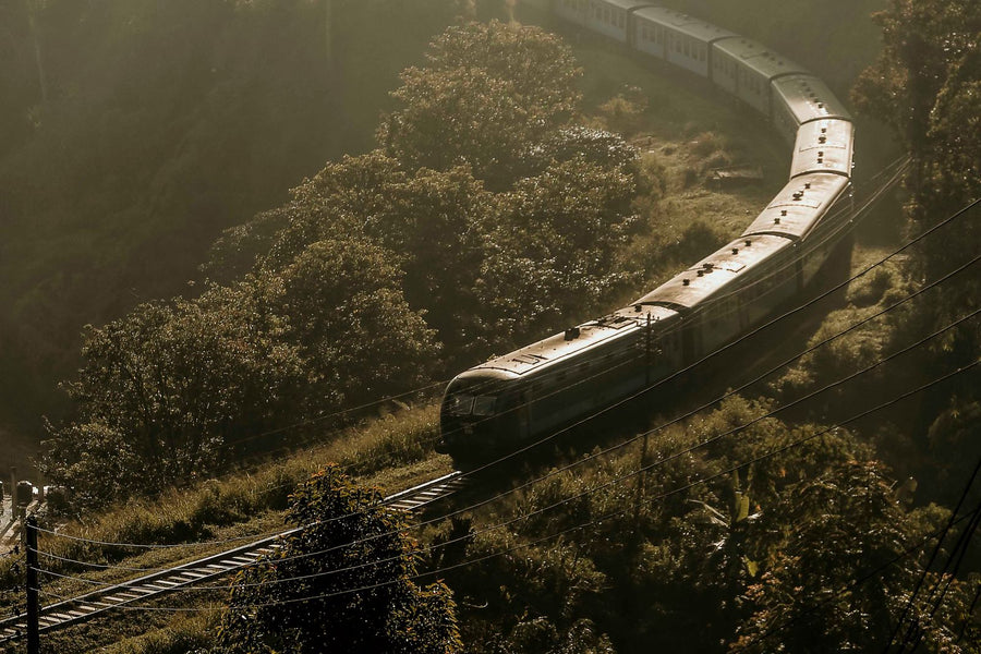 Train winding through the misty hills of Bandarawela, Sri Lanka